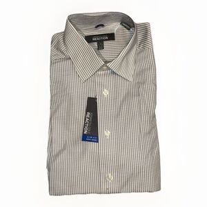 Kenneth Cole Reaction Mens Regular Fit Non-Iron Dress Shirt Gray White Checkered